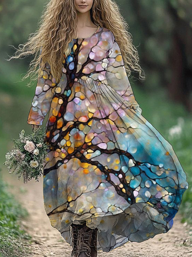 Cardydony Oil Flower Tree Art Women's Linen Maxi Dress