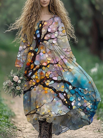 Cardydony Oil Flower Tree Art Women's Linen Maxi Dress
