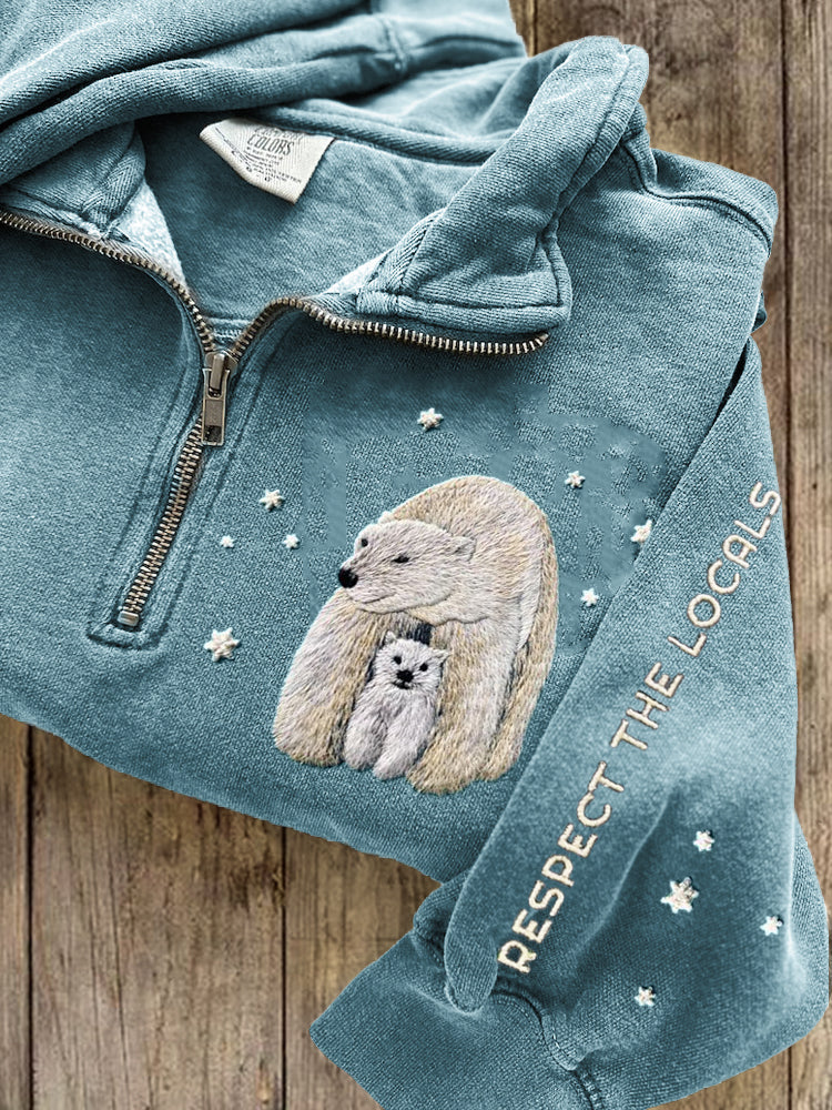 Cardydony Respect The Locals Polar Bears Embroidered Zip Up Sweatshirt