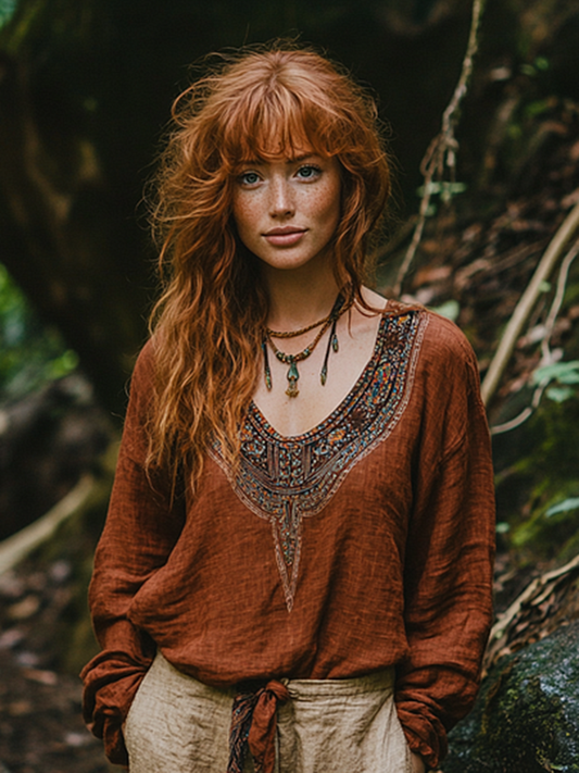 Cardydony Retro Bohemian Floral Art Embroidery Print Cotton And Linen Blend Loose Blouse