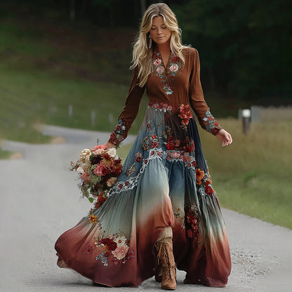 Cardydony Retro Boho Linen Ethnic Art Loose Maxi Dress