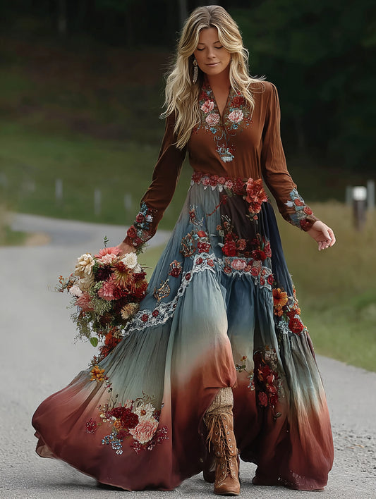 Cardydony Retro Boho Linen Ethnic Art Loose Maxi Dress