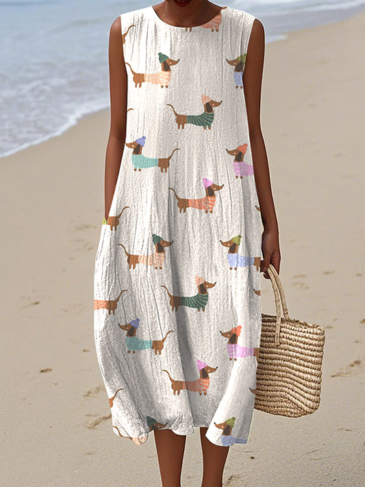 Cardydony Retro Cute Dachshund Dog Art Linen Tank Midi Dress