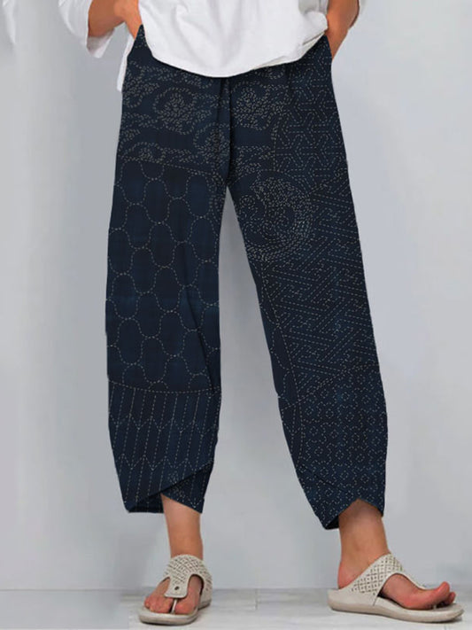 Cardydony Retro Japanese Traditional Sashiko Art Pattern Cropped Casual Pants