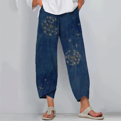 Cardydony Retro Japanese Traditional Sashiko Dandelion Art Pattern Cropped Casual Pants