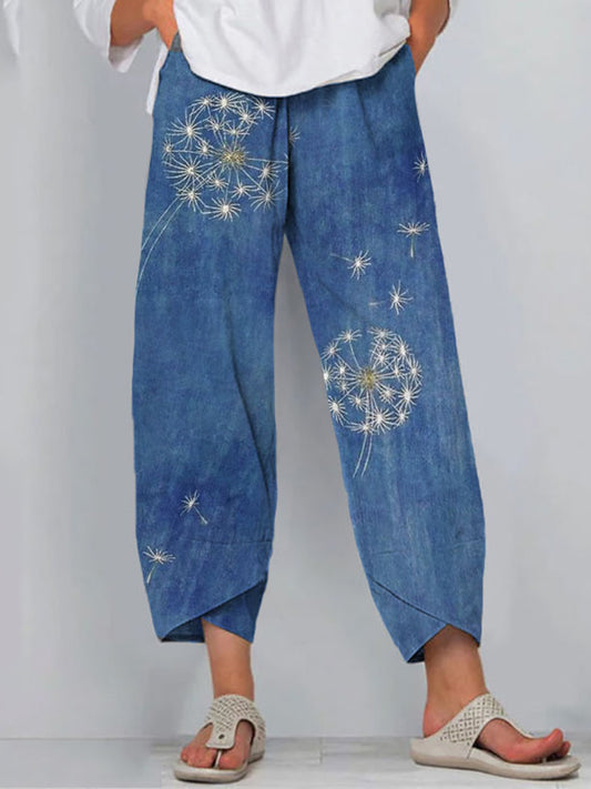 Cardydony Retro Japanese Traditional Sashiko Dandelion Art Pattern Cropped Casual Pants