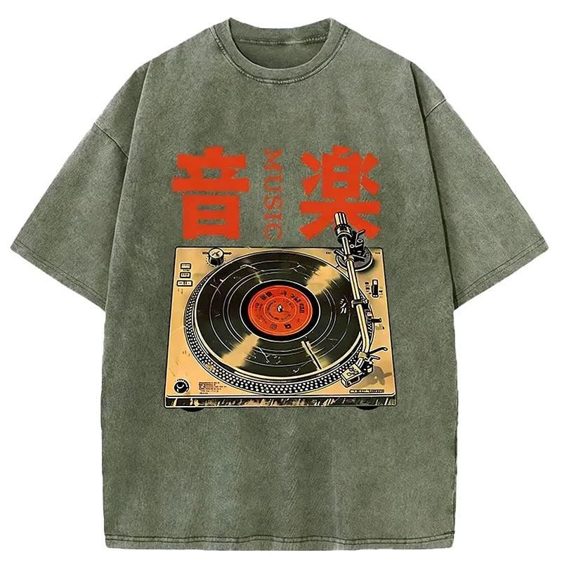 Cardydony Retro Music Record Player Washed T-shirt