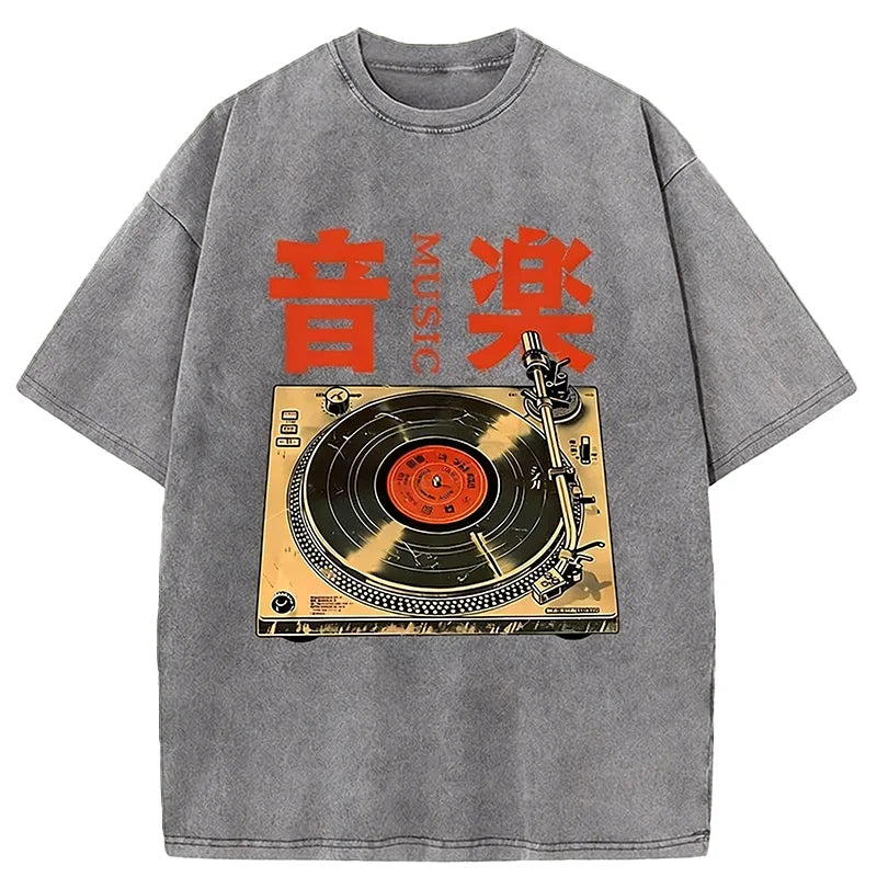 Cardydony Retro Music Record Player Washed T-shirt
