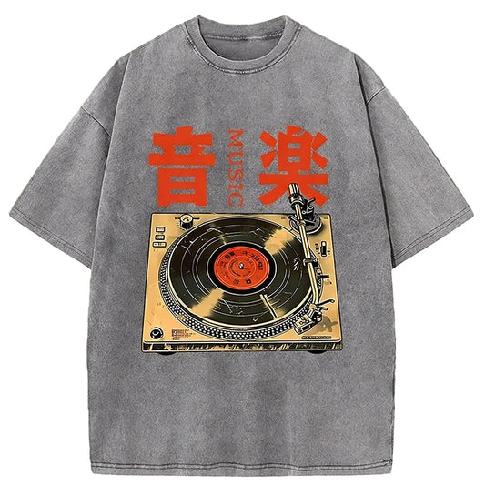 Cardydony Retro Music Record Player Washed T-shirt
