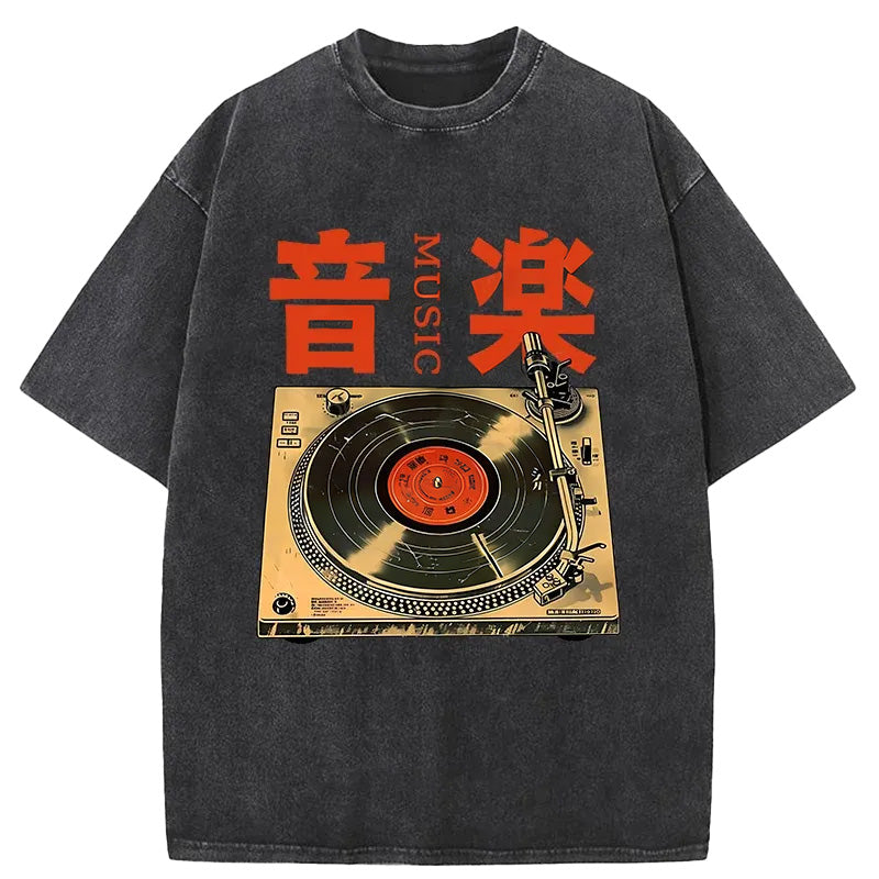 Cardydony Retro Music Record Player Washed T-shirt