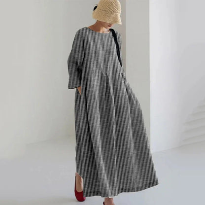 Cardydony Retro Striped Pocket Casual Cotton And Linen Round Neck Long Dress