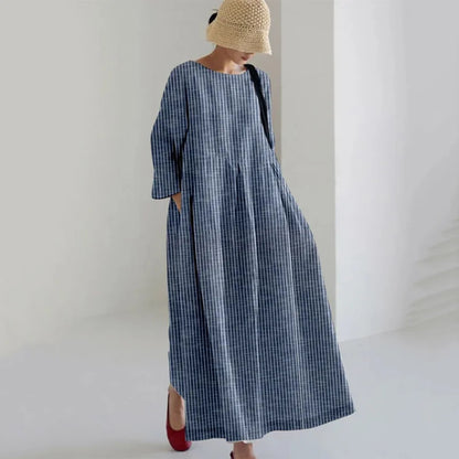 Cardydony Retro Striped Pocket Casual Cotton And Linen Round Neck Long Dress