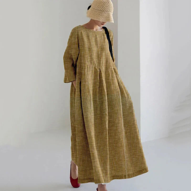 Cardydony Retro Striped Pocket Casual Cotton And Linen Round Neck Long Dress