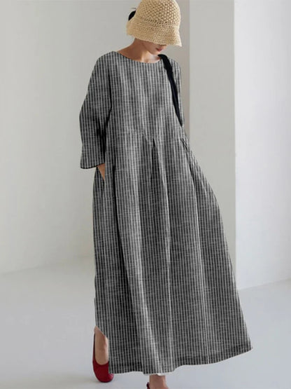 Cardydony Retro Striped Pocket Casual Cotton And Linen Round Neck Long Dress