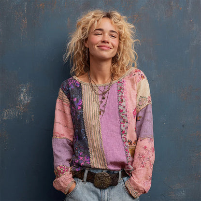 Cardydony Rustic Boho Floral Patchwork Art Women's Linen Long Sleeve Shirt