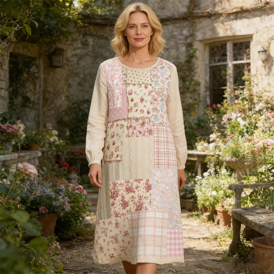 Cardydony Rustic Floral Patchwork Art Women's Linen Long Sleeve Midi Dress