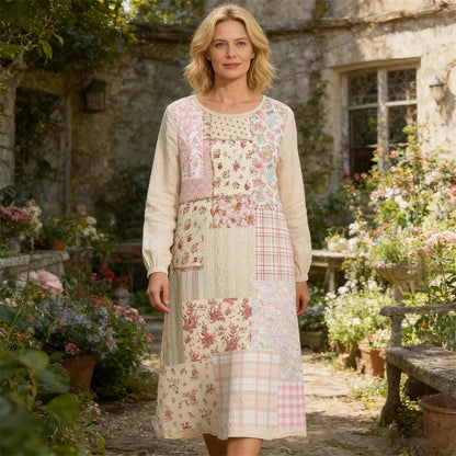 Cardydony Rustic Floral Patchwork Art Women's Linen Long Sleeve Midi Dress