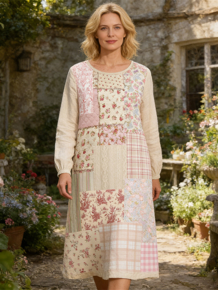 Cardydony Rustic Floral Patchwork Art Women's Linen Long Sleeve Midi Dress