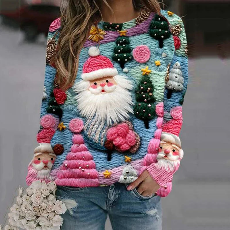 Cardydony Santa Claus Print Crew Neck Casual Sweatshirt