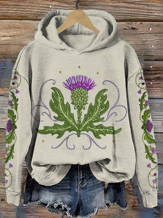 Cardydony Scottish Thistle Embroidered Vintage Cozy Hoodie