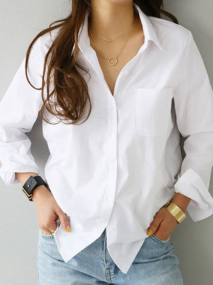 Cardydony Solid Color Simple Lapel Long Sleeve Shirt