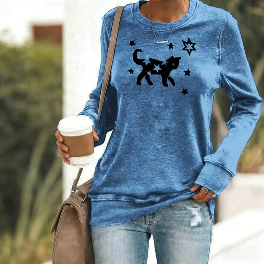 Cardydony Star & Cat Pattern Women's Casual Sweatshirt