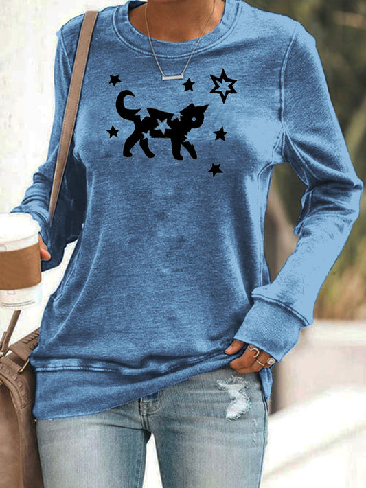 Cardydony Star & Cat Pattern Women's Casual Sweatshirt