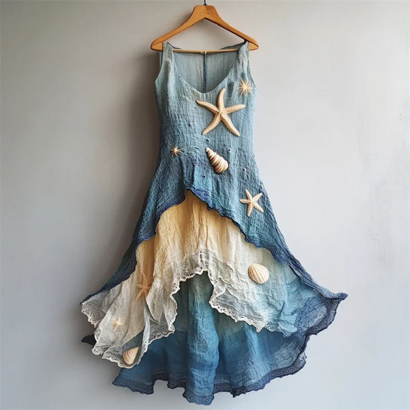 Cardydony Starfish & Sea Shells Embroidered Sea Waves Layered Flowy Linen Dress