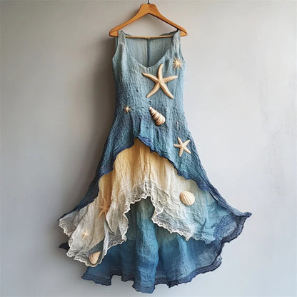 Cardydony Starfish & Sea Shells Embroidered Sea Waves Layered Flowy Linen Dress