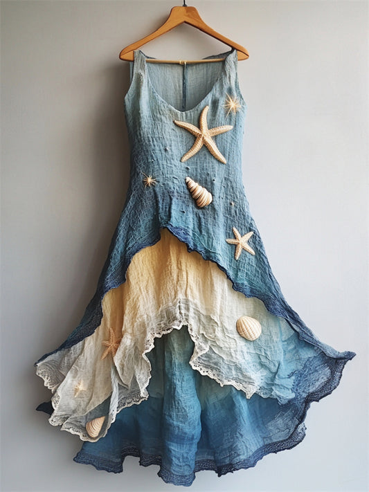 Cardydony Starfish & Sea Shells Embroidered Sea Waves Layered Flowy Linen Dress