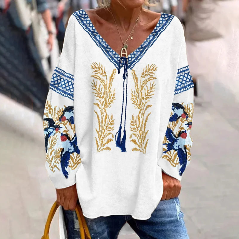 Cardydony Ukrainian Swallow & Wheat Fringe Embroidery Women's V-neck Shirt