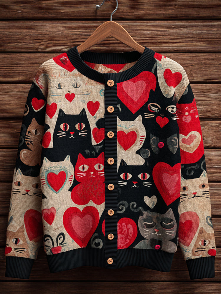 Cardydony Valentine's Day Fun Cat Pattern Women's Round Neck Knit Sweater Coat