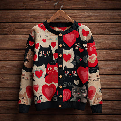 Cardydony Valentine's Day Fun Cat Pattern Women's Round Neck Knit Sweater Coat