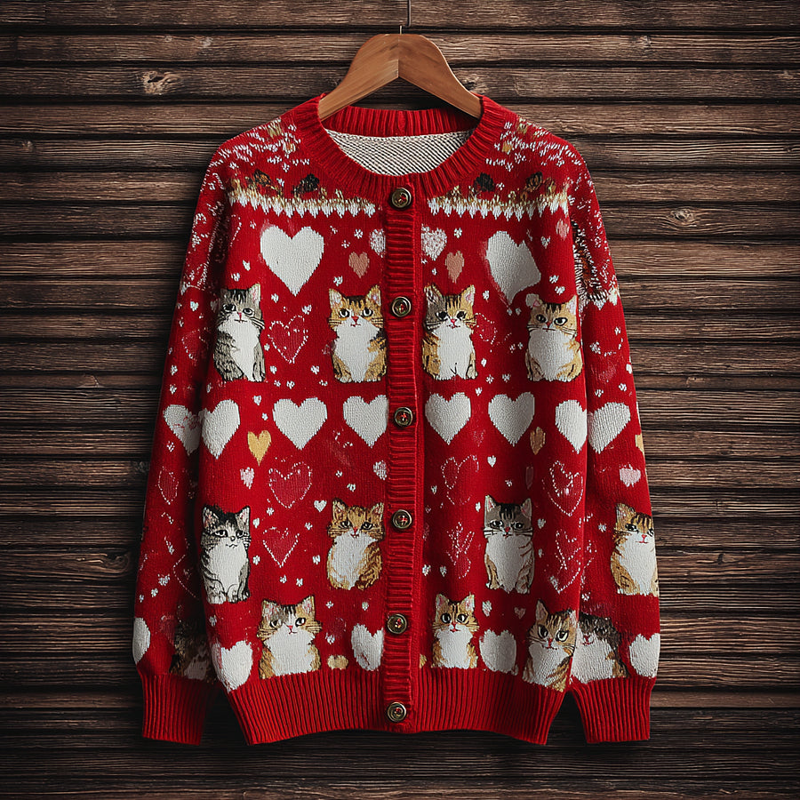 Cardydony Valentine's Day Fun Cat Pattern Women's Round Neck Knit Sweater Coat