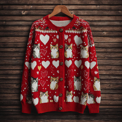 Cardydony Valentine's Day Fun Cat Pattern Women's Round Neck Knit Sweater Coat
