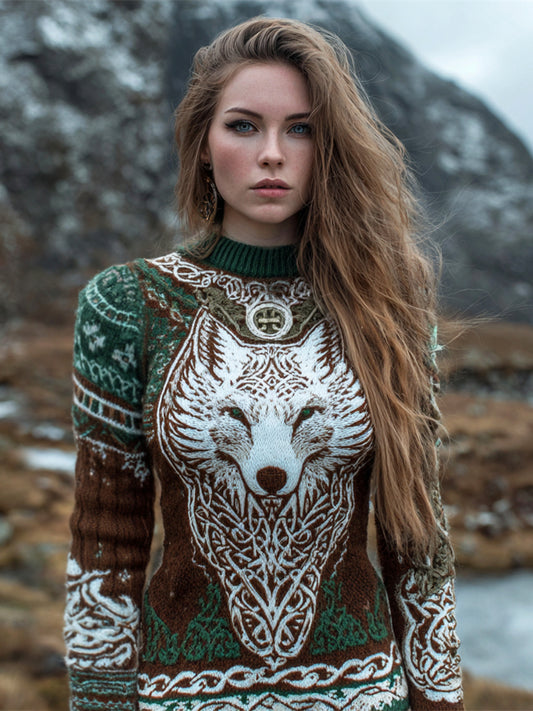 Cardydony Viking Forest Wolf Pattern Women's Knit Crew Neck Sweater