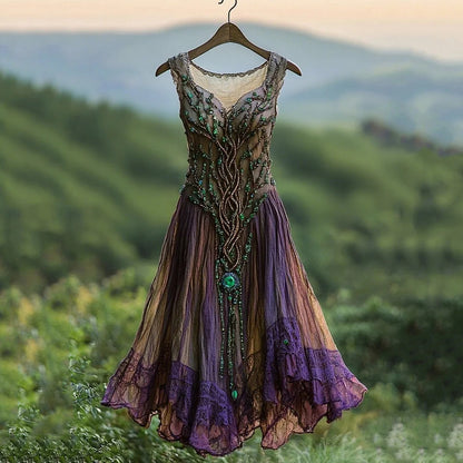 Cardydony Viking Tribal Celtic Tree Of Life Gradient Lace Splicing Ruffle Midi Dress