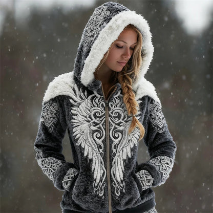 Cardydony Viking Wings Celtic Contrast Cozy Plush Full Zip Hoodie