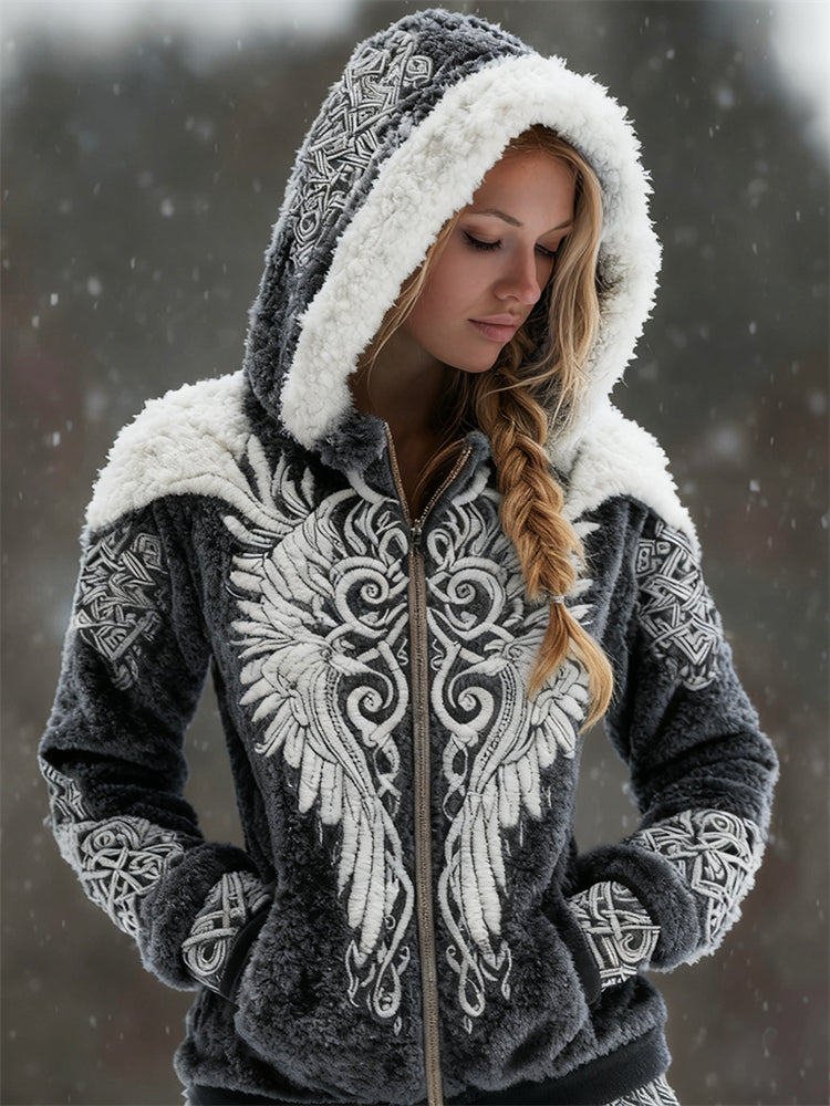 Cardydony Viking Wings Celtic Contrast Cozy Plush Full Zip Hoodie