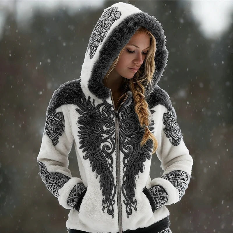 Cardydony Viking Wings Celtic Contrast Cozy Plush Full Zip Hoodie