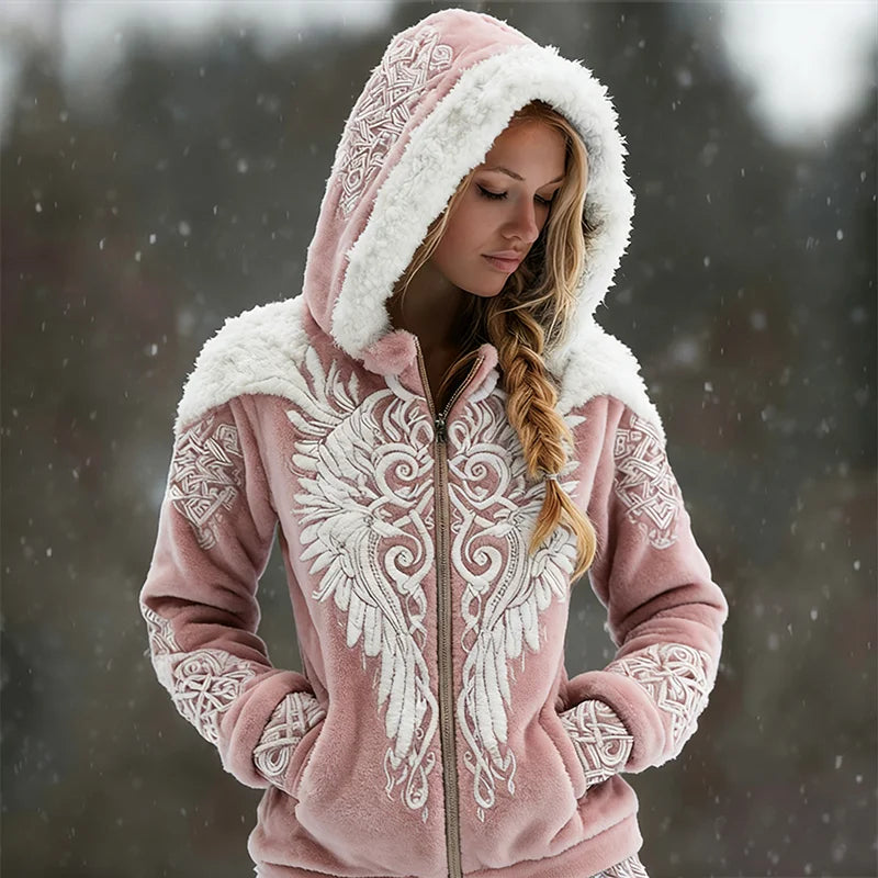 Cardydony Viking Wings Celtic Contrast Cozy Plush Full Zip Hoodie