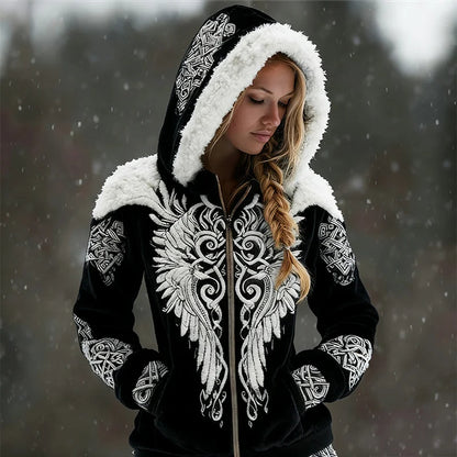 Cardydony Viking Wings Celtic Contrast Cozy Plush Full Zip Hoodie