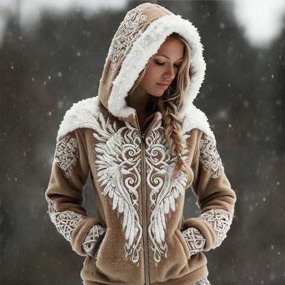 Cardydony Viking Wings Celtic Contrast Cozy Plush Full Zip Hoodie