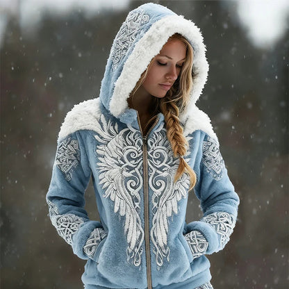 Cardydony Viking Wings Celtic Contrast Cozy Plush Full Zip Hoodie