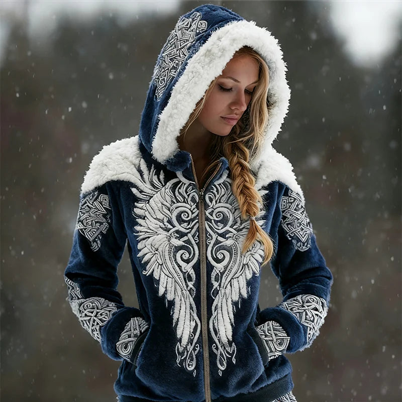 Cardydony Viking Wings Celtic Contrast Cozy Plush Full Zip Hoodie