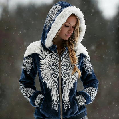 Cardydony Viking Wings Celtic Contrast Cozy Plush Full Zip Hoodie