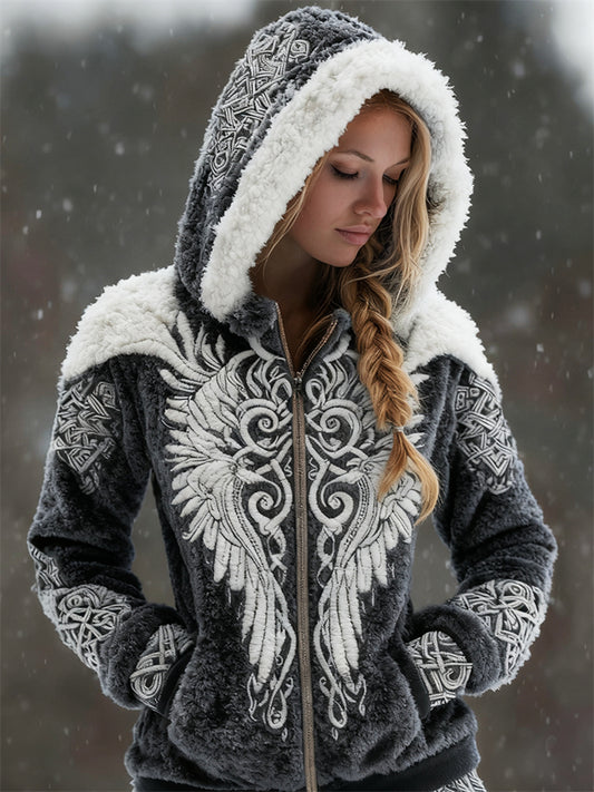 Cardydony Viking Wings Celtic Contrast Cozy Plush Full Zip Hoodie