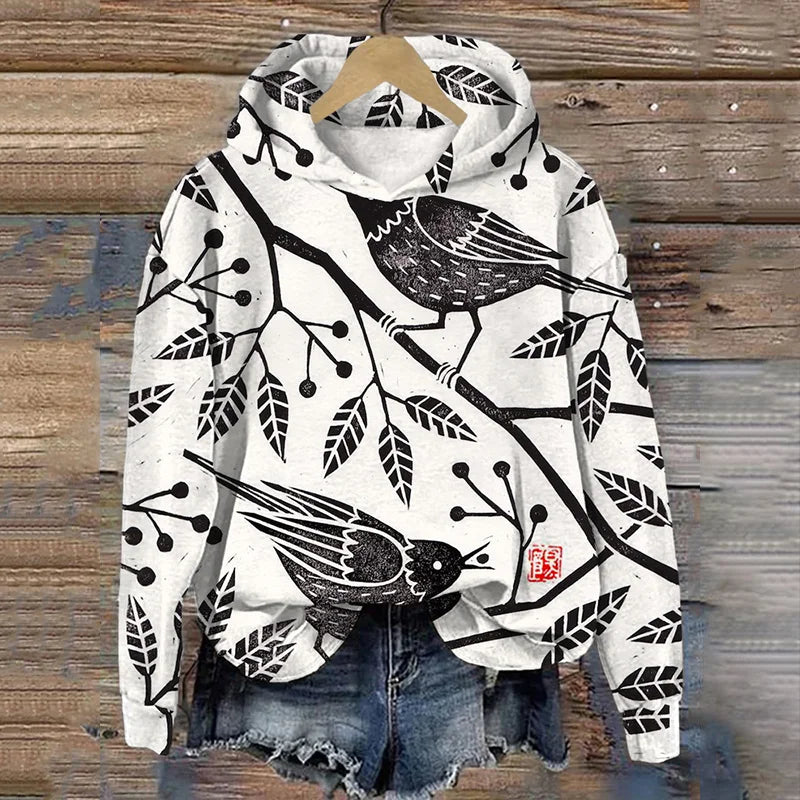 Cardydony Vintage Birds Lino Art Pattern Comfy Hoodie