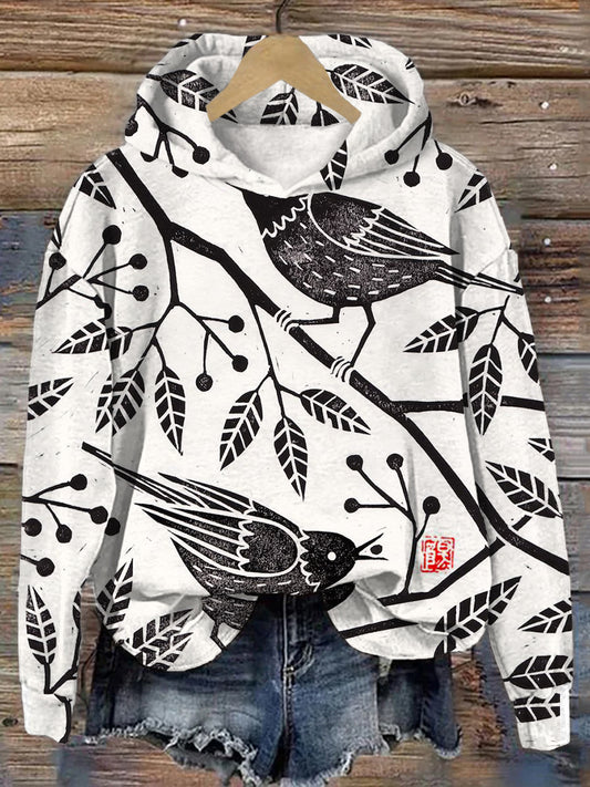 Cardydony Vintage Birds Lino Art Pattern Comfy Hoodie