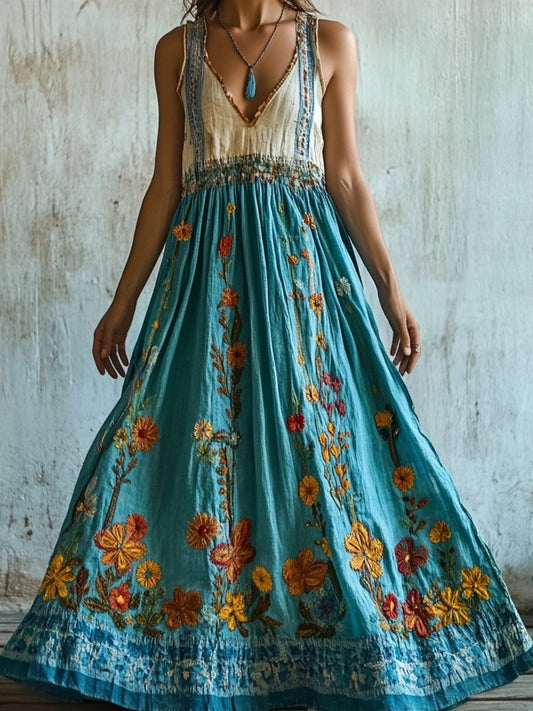 Cardydony Vintage Boho Floral Embroidered V Neck Linen Maxi Dress
